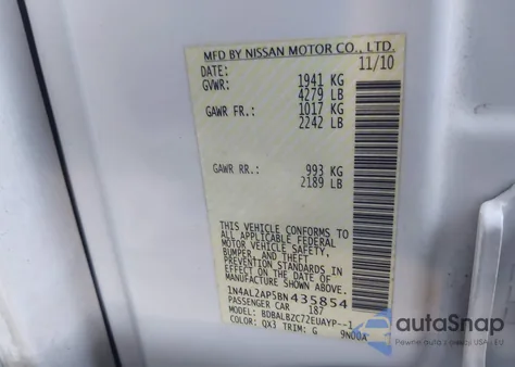 2011 Nissan Altima 2.5 S z USA, uszkodzony, nr VIN 1N4AL2AP5BN435854